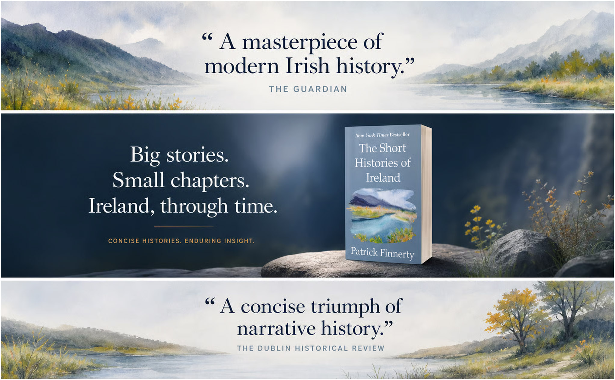 Book The Short Histories of Ireland by Patrick Finnerty with quotes praising its concise Irish history narrative.