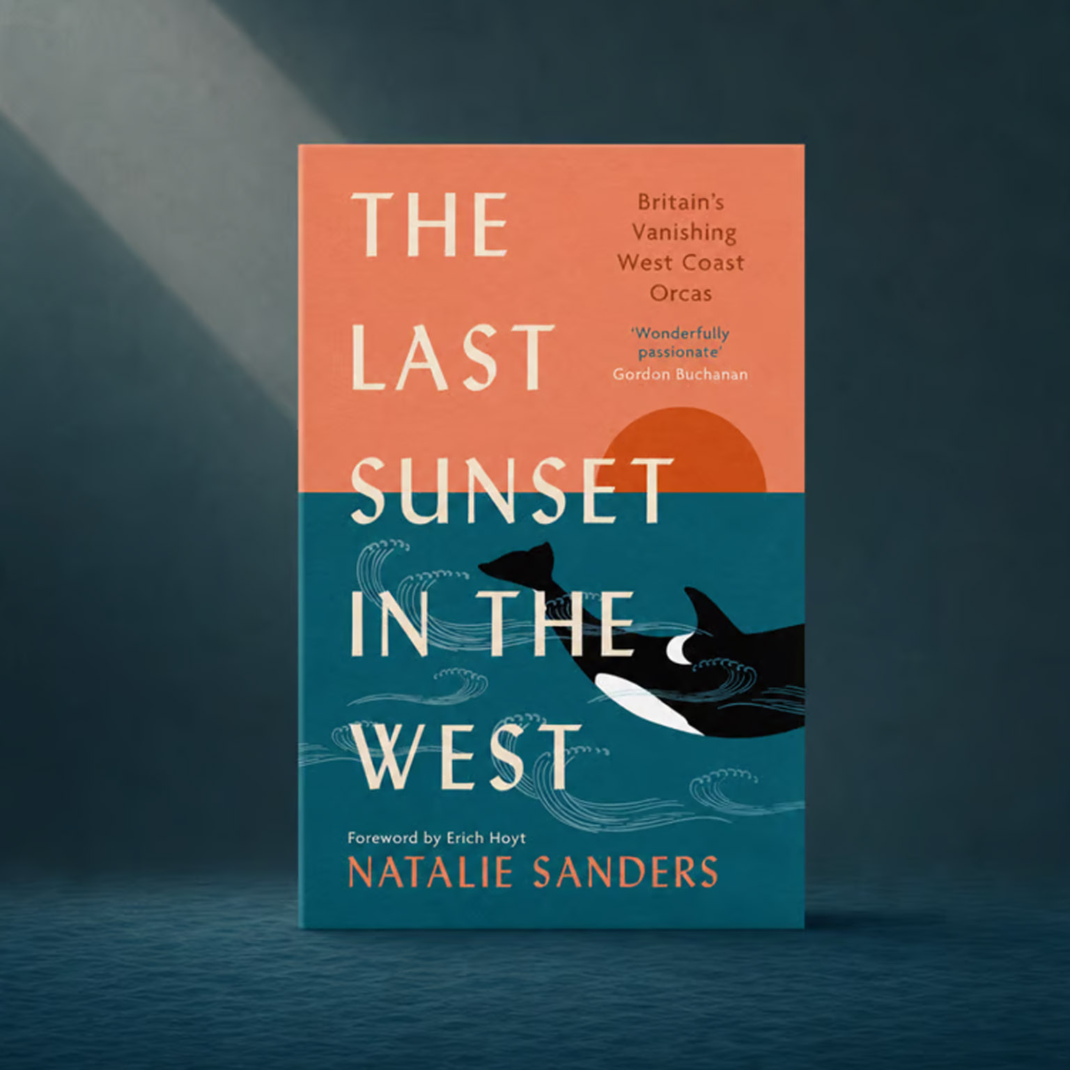 Book cover of The Last Sunset in the West about Britain's vanishing West Coast orcas by Natalie Sanders.