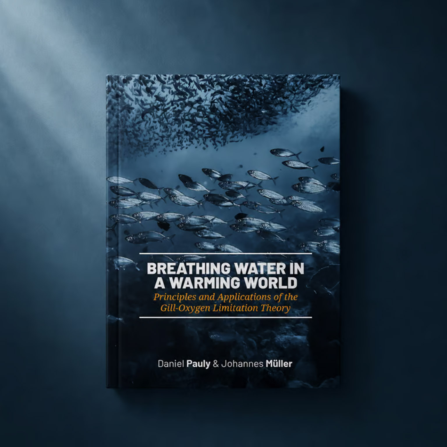 Book cover with fish swimming underwater titled Breathing Water in a Warming World by Pauly and Müller.