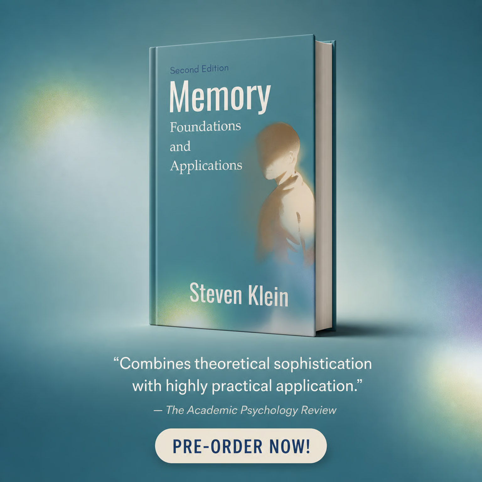 Book cover of Memory Foundations and Applications by Steven Klein with a human silhouette and pre-order button.
