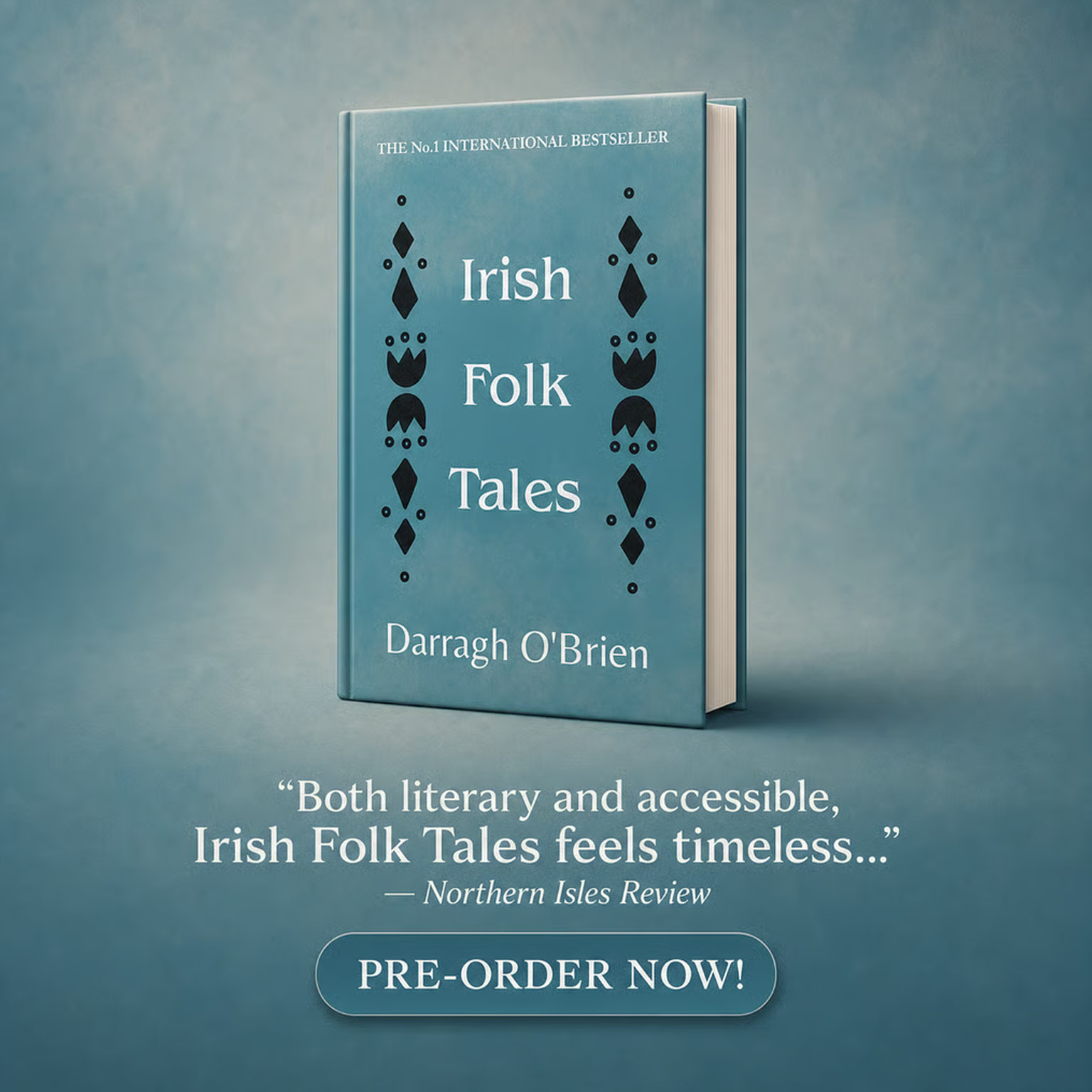 Book titled Irish Folk Tales by Darragh O'Brien with review quote and pre-order button on blue background.