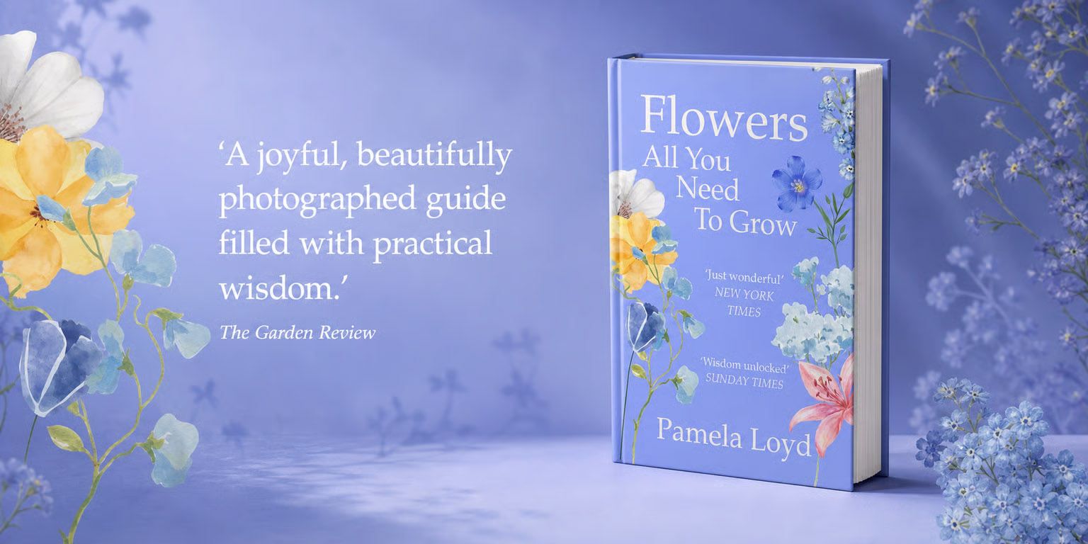 Book titled Flowers All You Need to Grow by Pamela Loyd beside floral illustrations and a positive review.