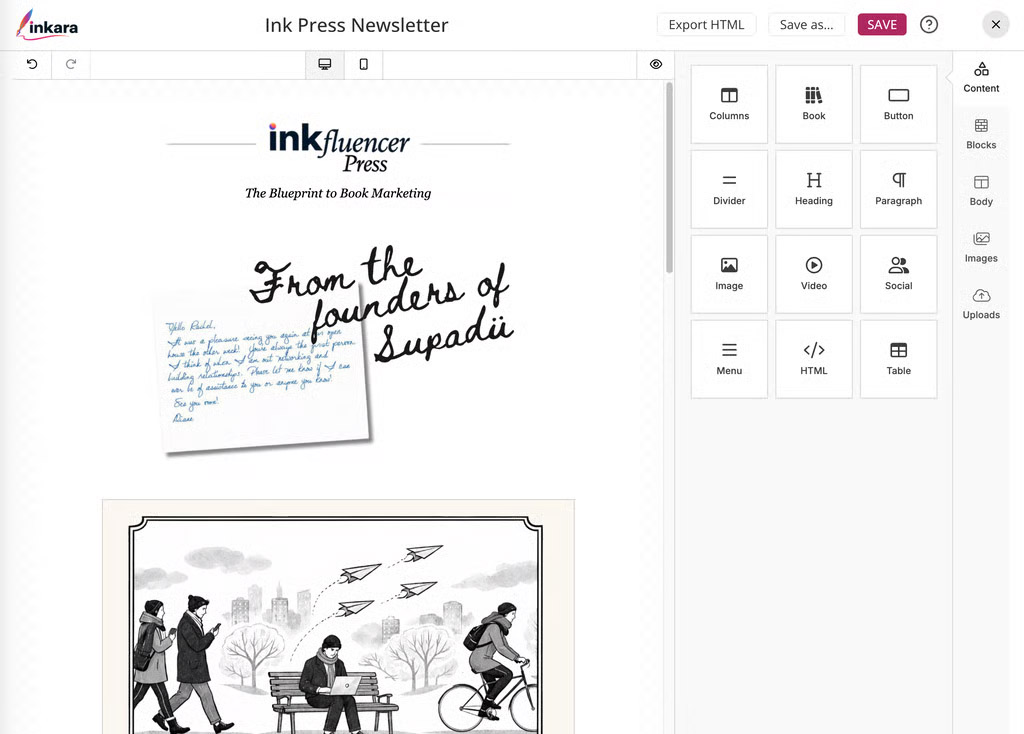 Email newsletter editor screen showing Ink Press Newsletter with options like columns, book, button, and image.