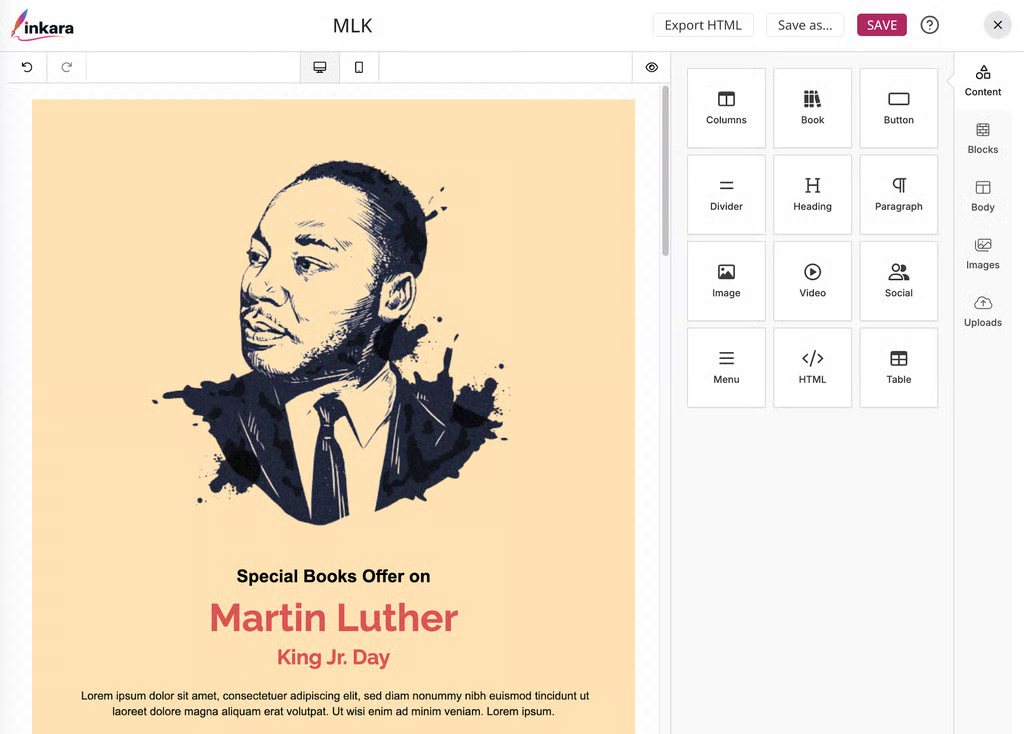 Illustration of Martin Luther King Jr. with text for special books offer on Martin Luther King Jr. Day.