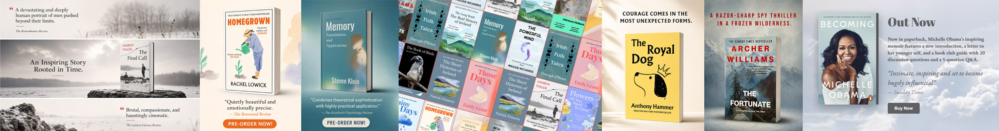 Collage of book covers and promotional text featuring novels and memoirs