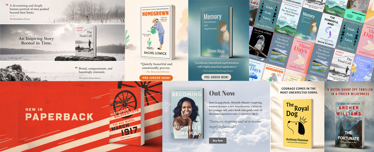 Collage of book covers and promotional text featuring novels and memoirs