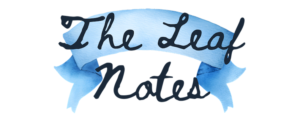 Blue ribbon banner with cursive text reading The Leaf Notes.