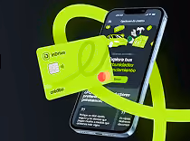 Smartphone displaying an app with a green card and neon green swirling line around it.