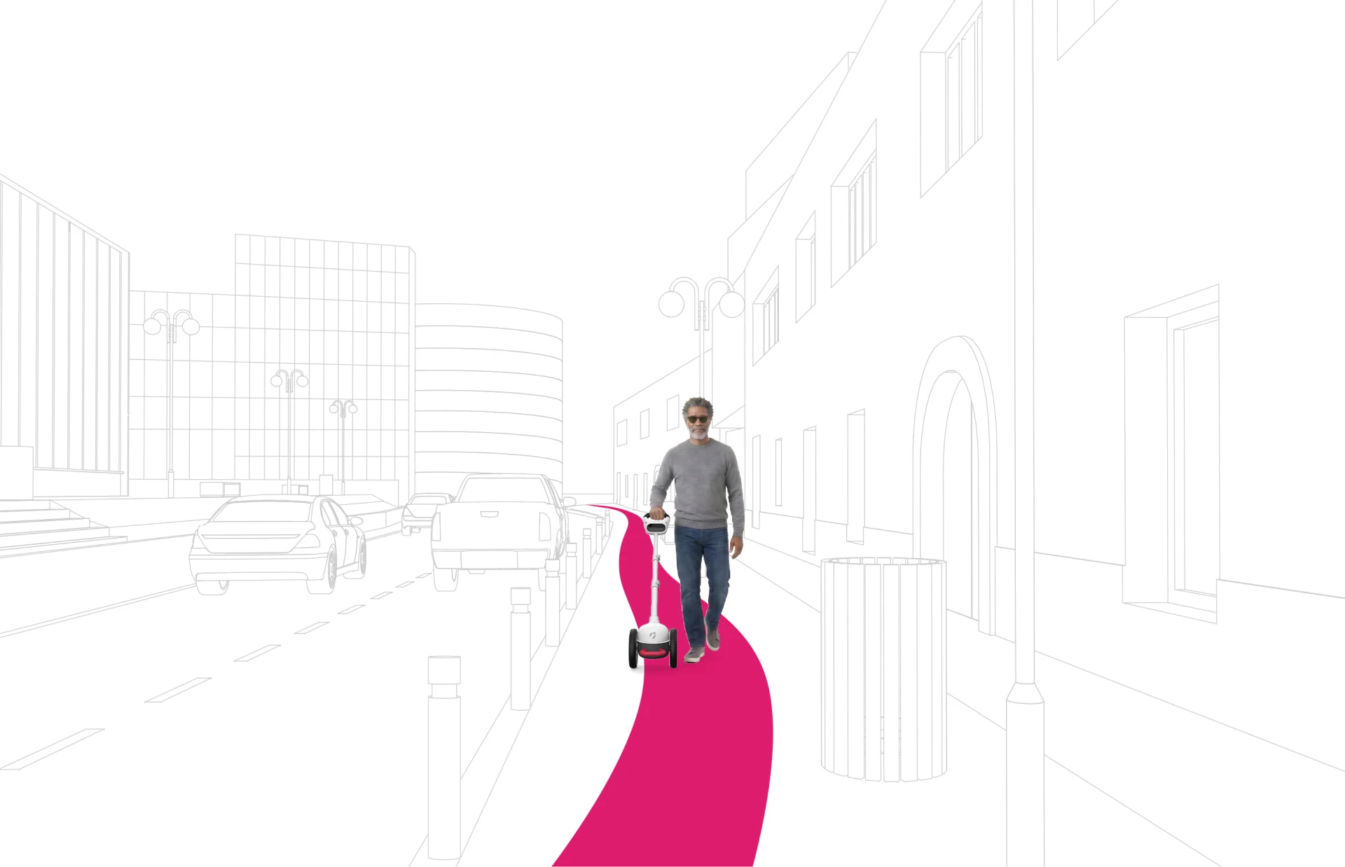 Rendering of an urban city street, with a man walking forward on the sidewalk with Glide. A magenta path indicates a where he has come from, and shows the path forward with a slight curve around a trash bin.