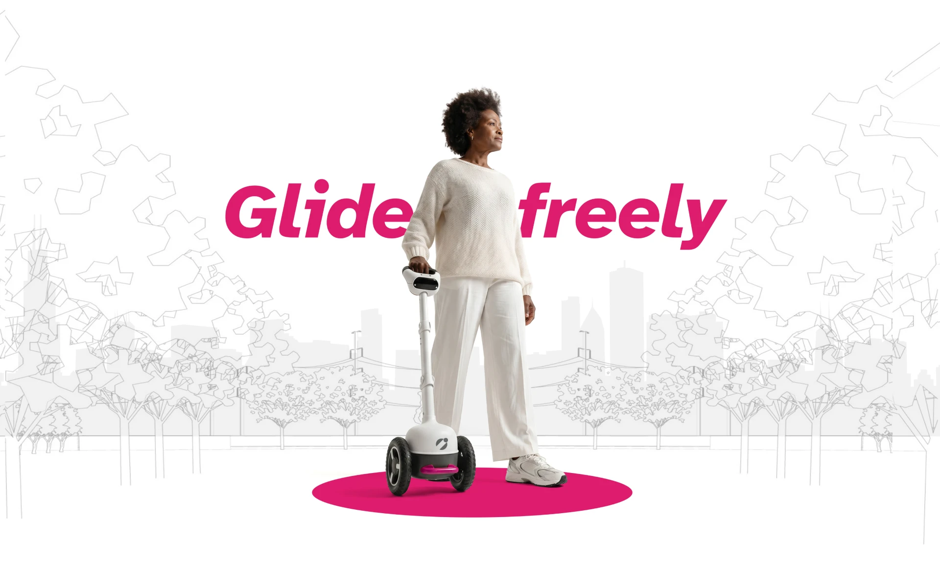 Image of a woman in a white sweater and white linen pants, standing and looking proud with Glide in her right hand. In the background is a pencil outline of an urban cityscape with trees and tall buildings. A magenta circle on the ground highlights the space around her and Glide.