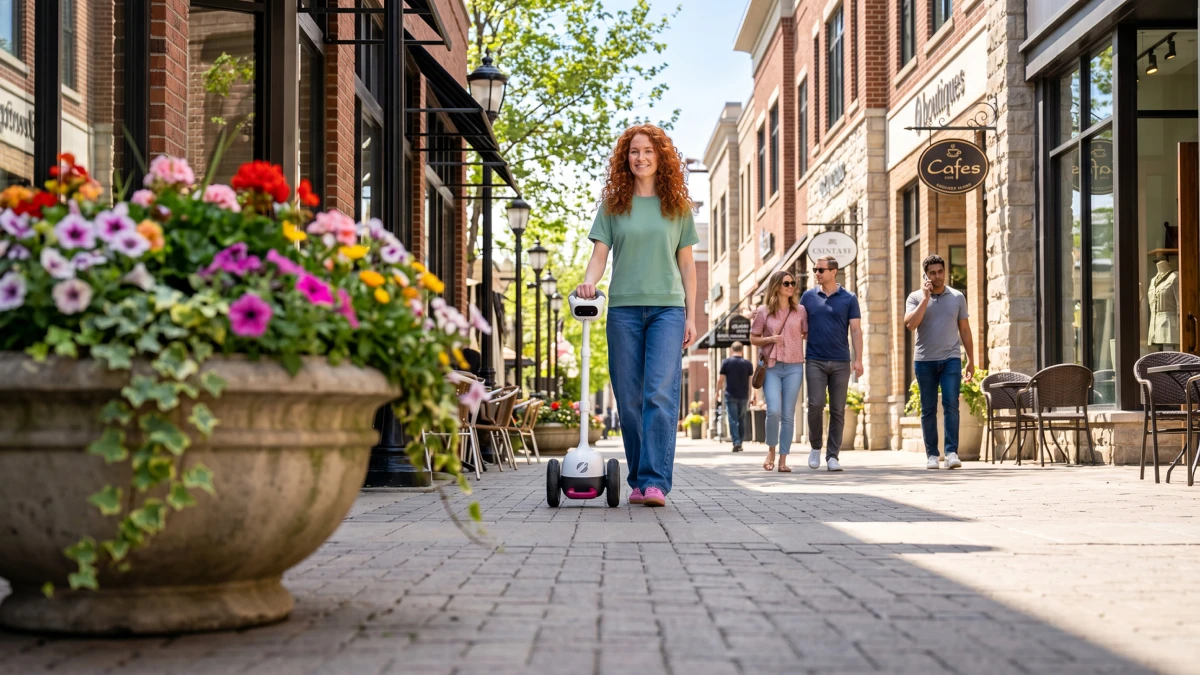 Image of a young woman with long curly red hair, a light green shirt and blue jeans, walking with Glide down a pedestrian mall with shops on each side, and a flower planter in front on a sunny day. 
