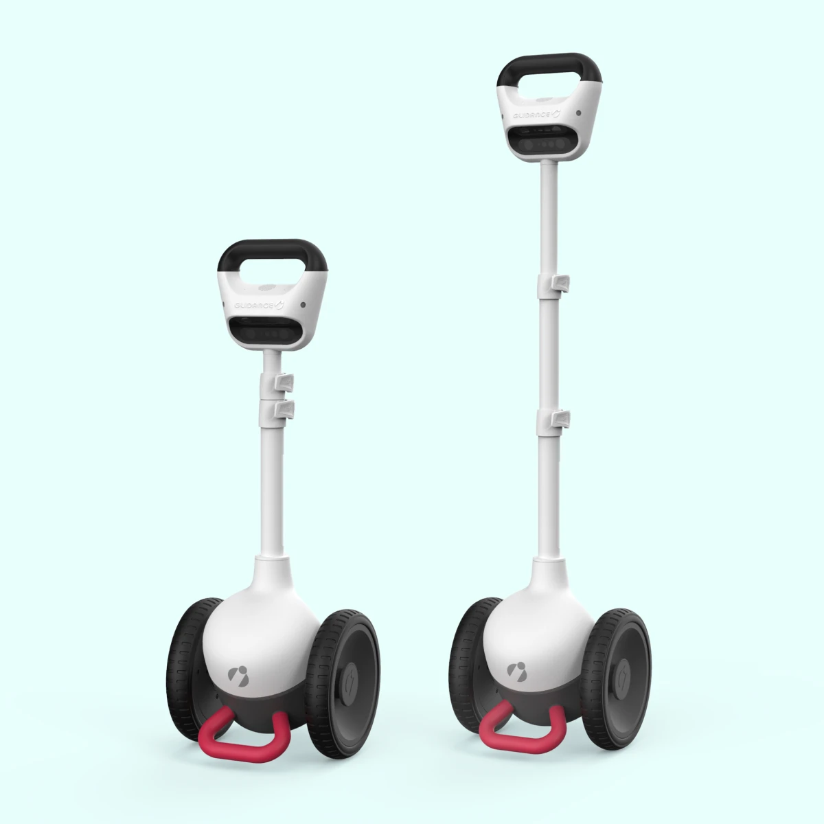 Two Glide devices side by side, one with the telescoping stem fully compacted (to around two feet), and the other extended to full height. 