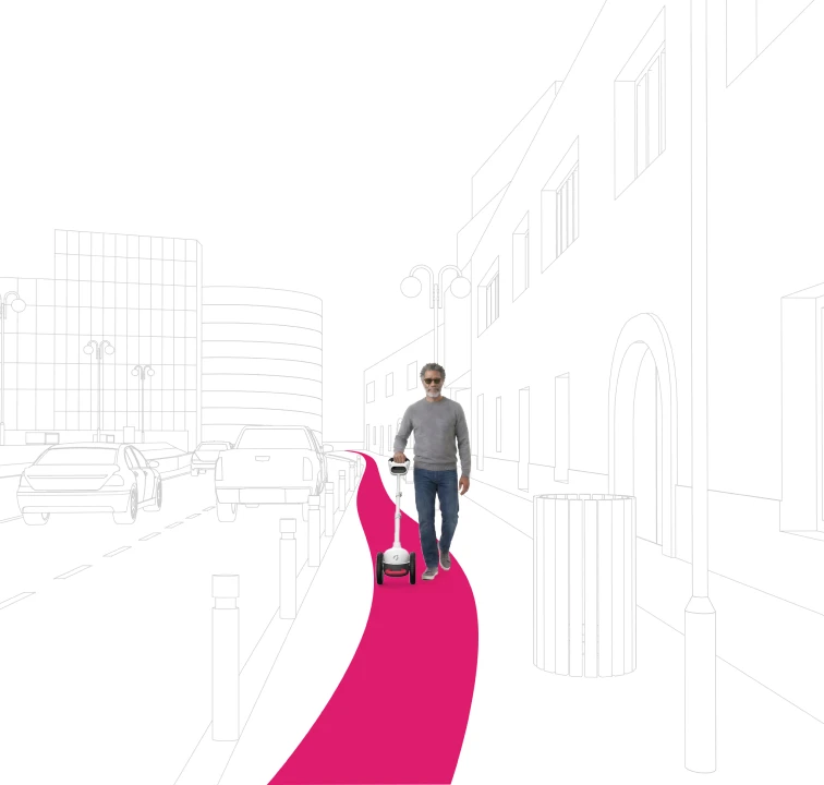 Rendering of an urban city sidewalk, with a man walking towards the viewer with Glide. A magenta path indicates a where he has come from, and shows the path forward with a slight curve around a trash bin.