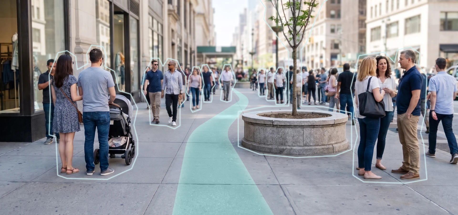 A busy city sidewalk with people walking and a large round planter. In the center is rendering of a blue pathway, indicating Glide's forward path around obstacles such as people and the planter. 
