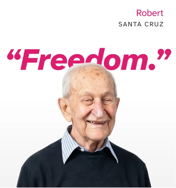 Profile photo of a man, with "Freedom" written in quotes, attributed to Robert, a Glide demo participant from Santa Cruz.