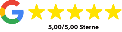 Fünf gelbe Sterne neben Google-Logo und Bewertung 5,00 von 5,00 Sternen.