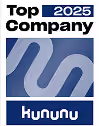 Kununu Top Company 2025-Logo mit blauem Hintergrund und weißem Text.