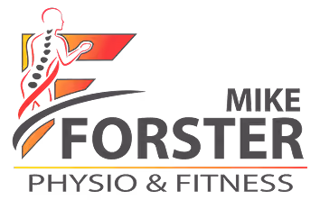 Mike Forster Physio & Fitness Logo mit stilisierter Figur und Wirbelsäule, Text in Schwarz und Rot-Gelb-Gradient.