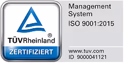 TÜV Rheinland Logo, Zertifizierungssiegel, Management System, ISO 9001:2015, ID 9000041121, www.tuv.com.