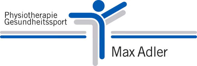 Logo mit stilisierter Figur in Blau und Grau, begleitet von den Worten "Physiotherapie Gesundheitssport Max Adler".
