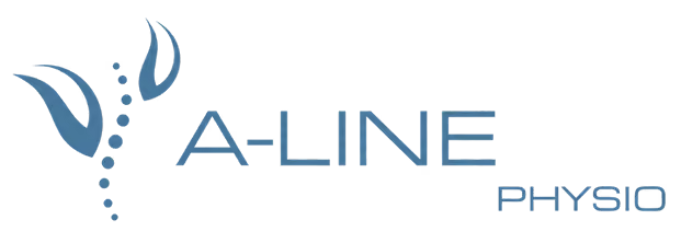 A-Line Physio Logo mit stilisierten Blättern und Wirbelsäule in Blau.