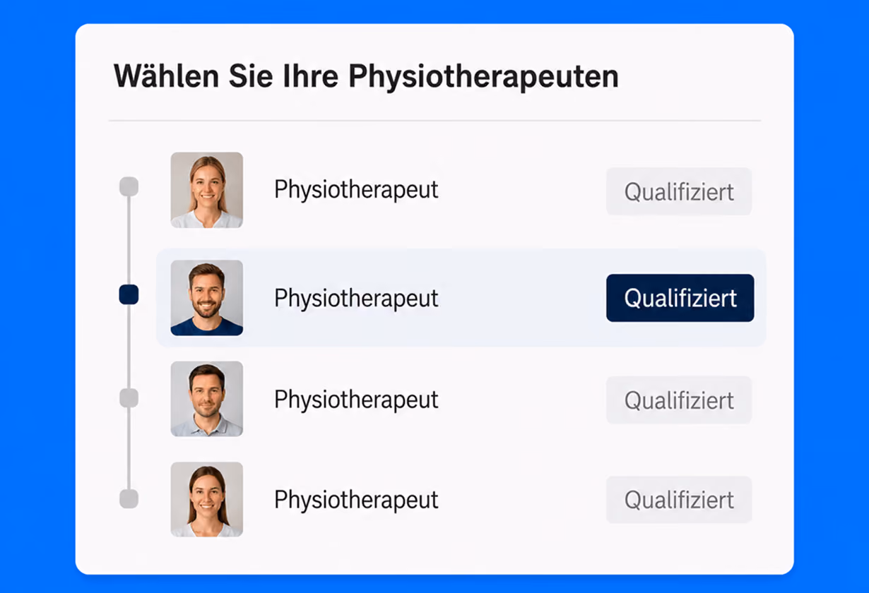 Auswahlmenü für Physiotherapeuten mit drei Optionen, eine hervorgehobene und qualifizierte.