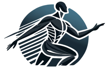 Schnell laufende, futuristische Figur in dunkler Tönung vor blauem Kreis, symbolisiert Geschwindigkeit und Bewegung.