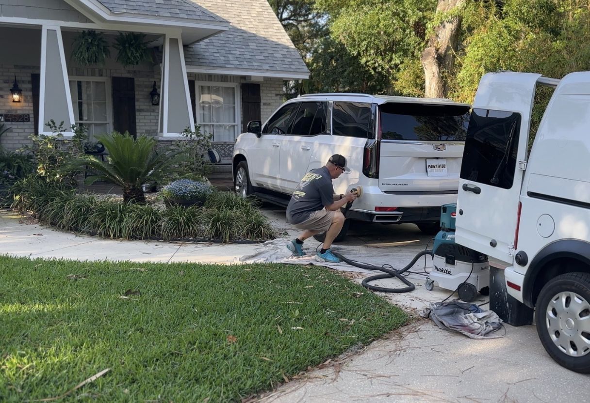 Paint N Go mobile auto body repair technician hand-tinting paint on-site