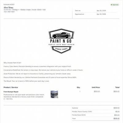 Auto repair estimate from Paint N Go with service details, logo, and pricing summary.