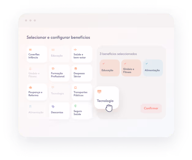 User interface for selecting and configuring benefits, showing categories like Education Expenses, Gym & Fitness, Meal, Technology, and others, with three benefits selected and a confirm button.