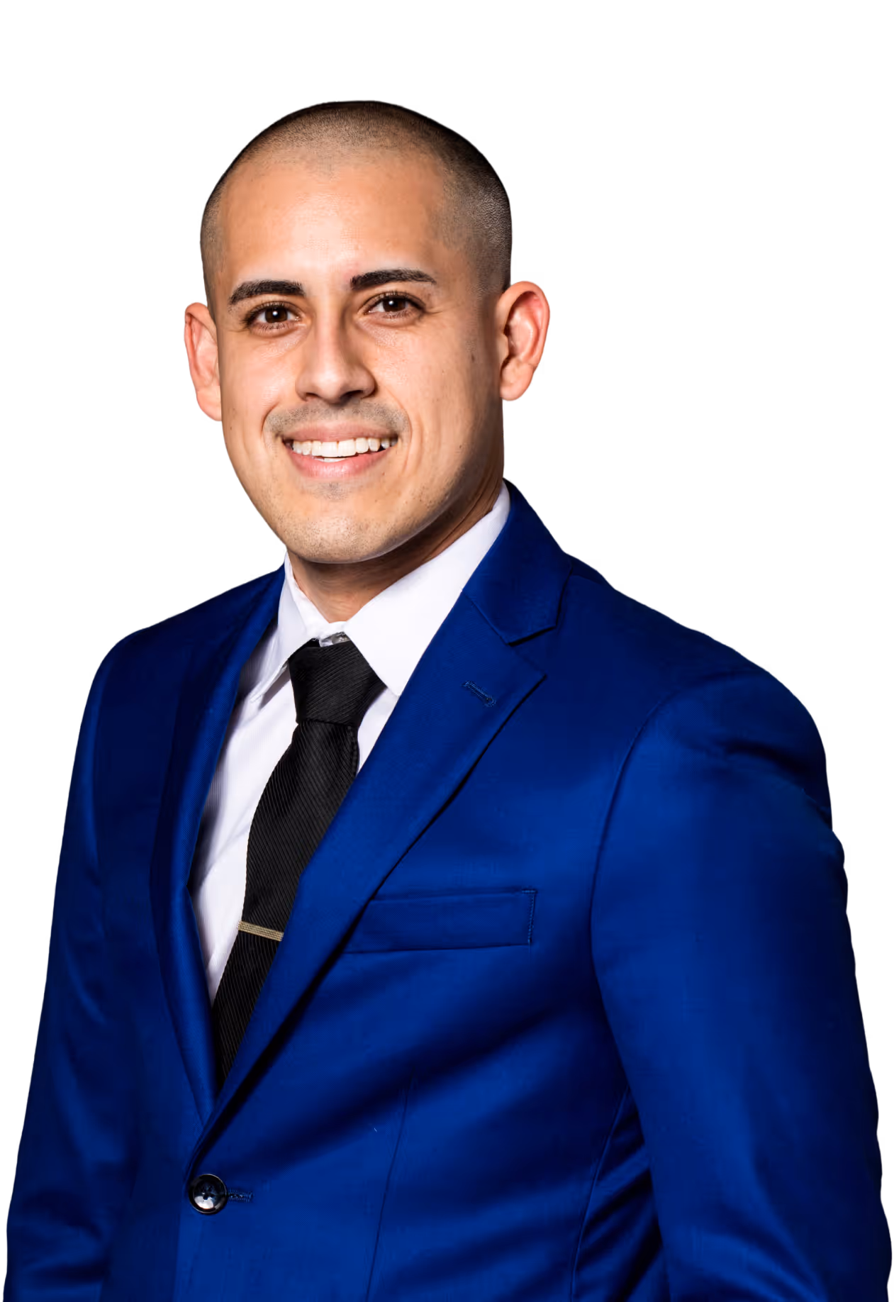 Smiling man wearing a blue suit jacket, white shirt, and black tie against a black background.