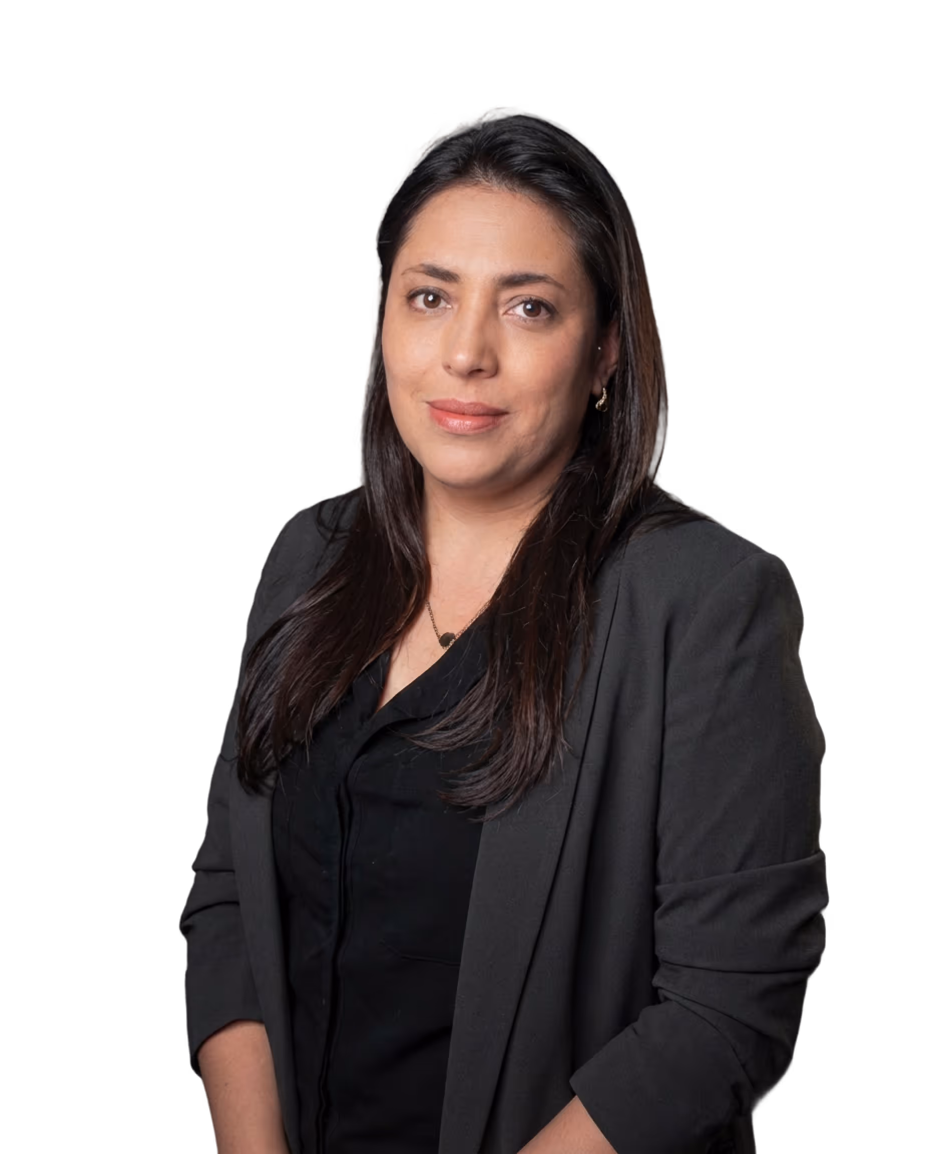 Professional woman with long dark hair wearing a black blazer and black top, posing against a black background.