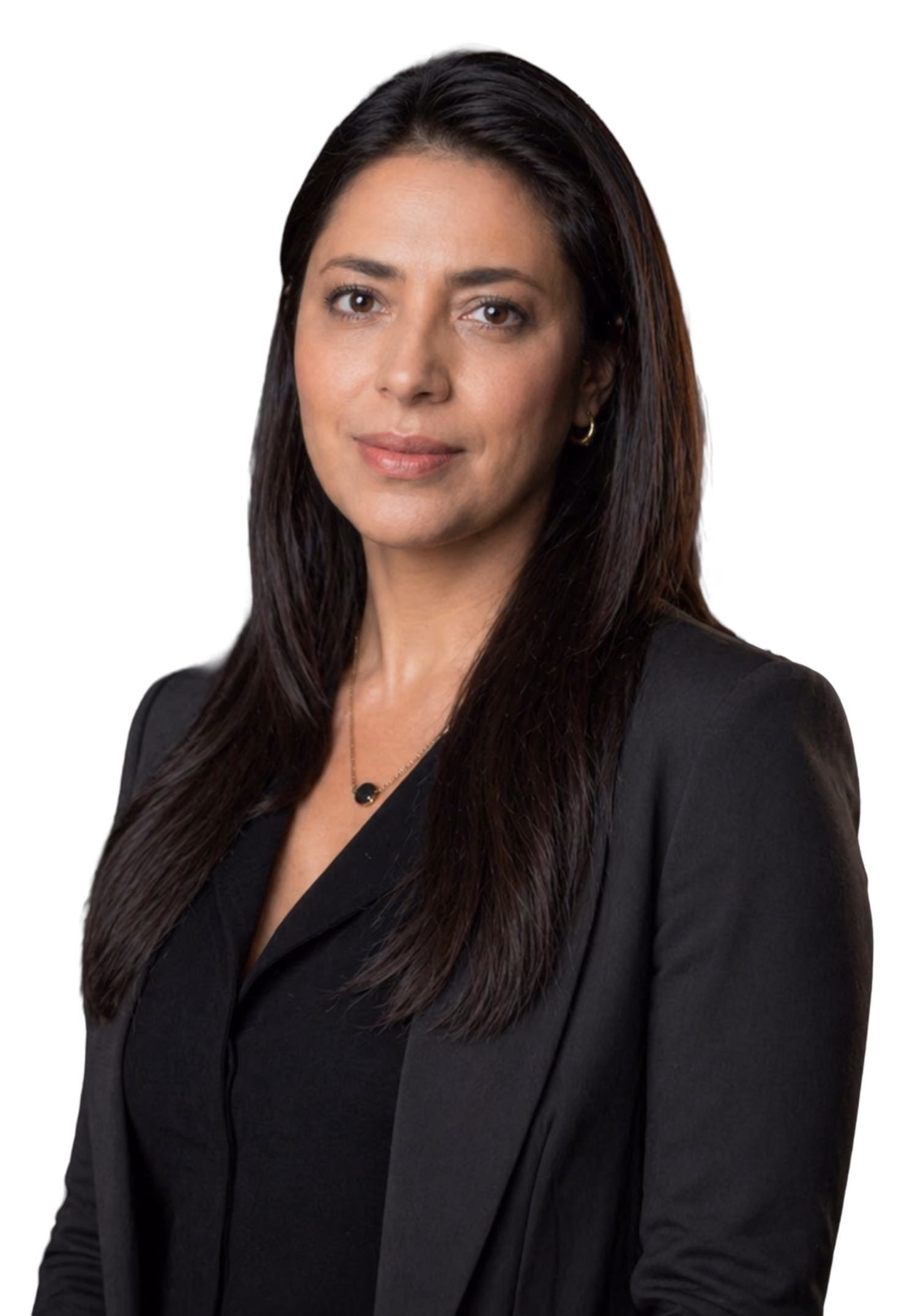Professional woman with long dark hair wearing a black blazer and black top, posing against a black background.