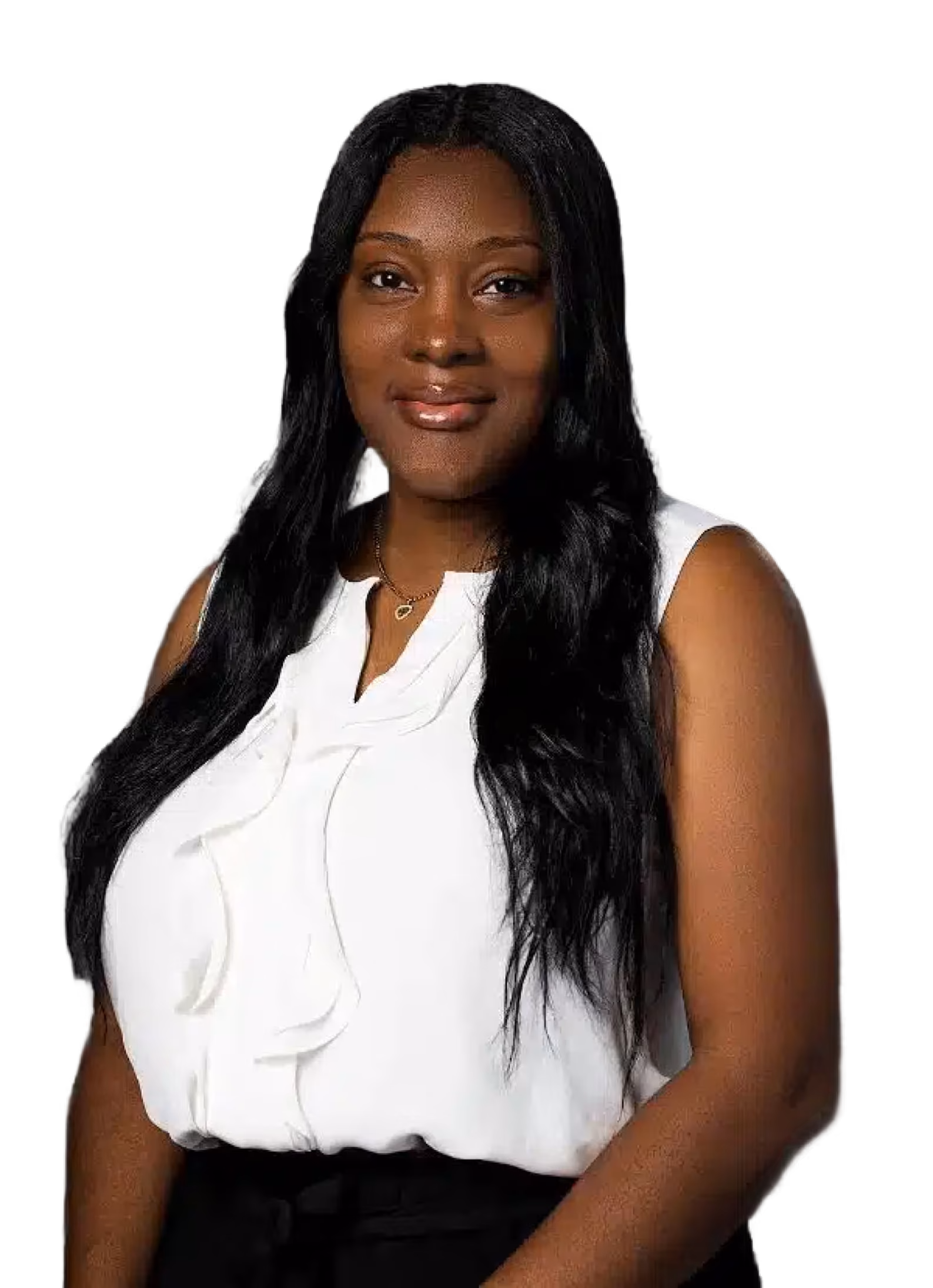 Smiling woman with long black hair wearing a white sleeveless blouse and a small necklace against a black background.
