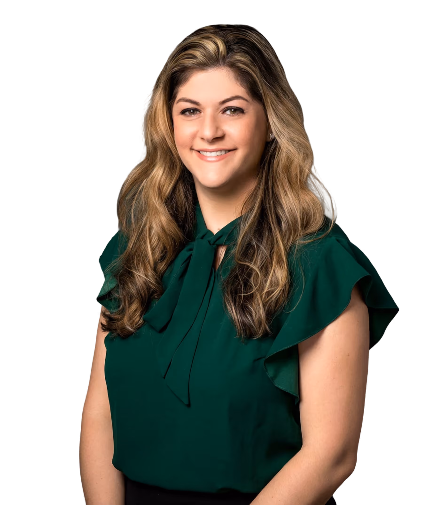 Smiling woman with long wavy blonde hair wearing a green blouse with ruffled sleeves and a bow tie collar against a black background.