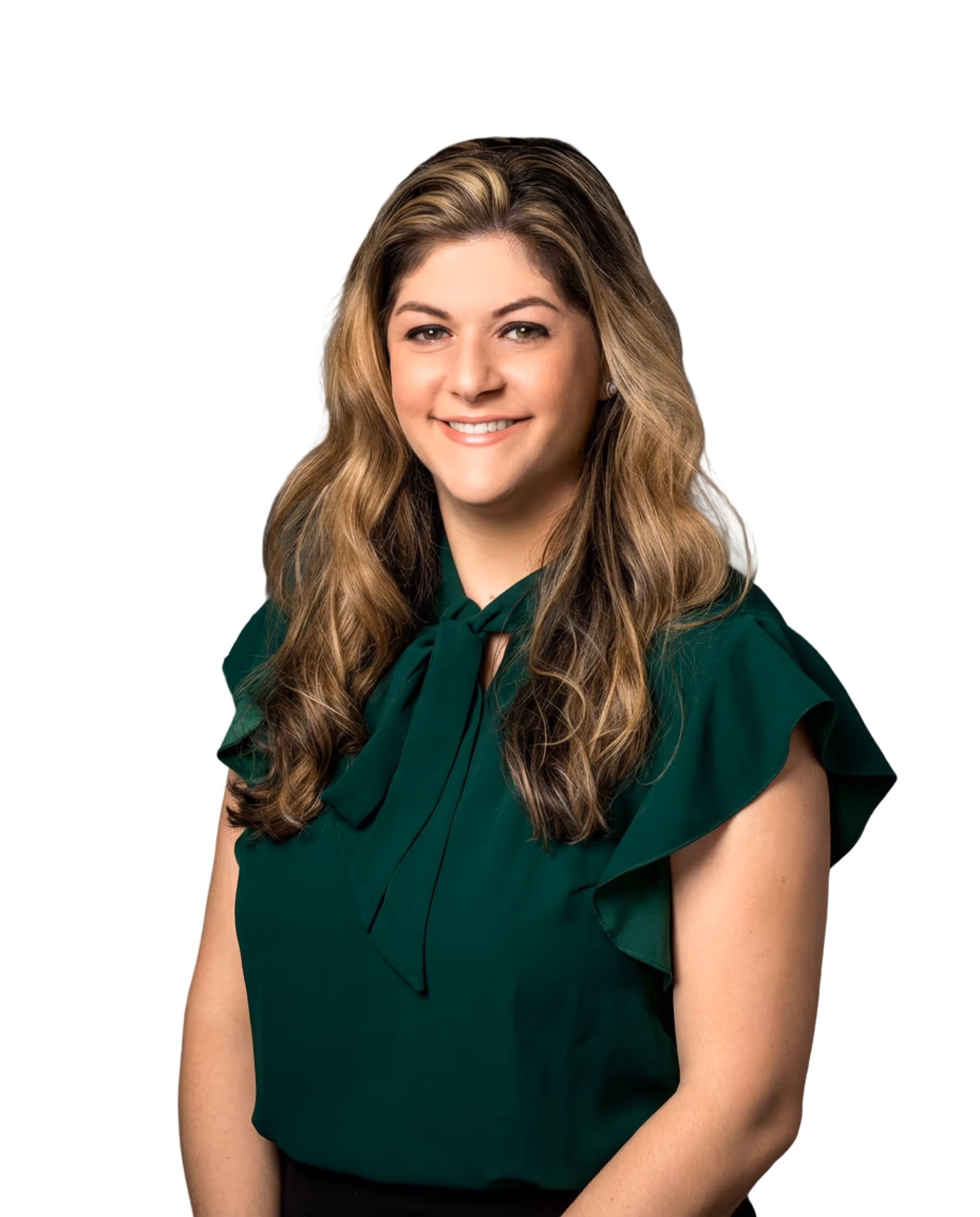Smiling woman with long wavy blonde hair wearing a green blouse with ruffled sleeves and a bow tie collar against a black background.