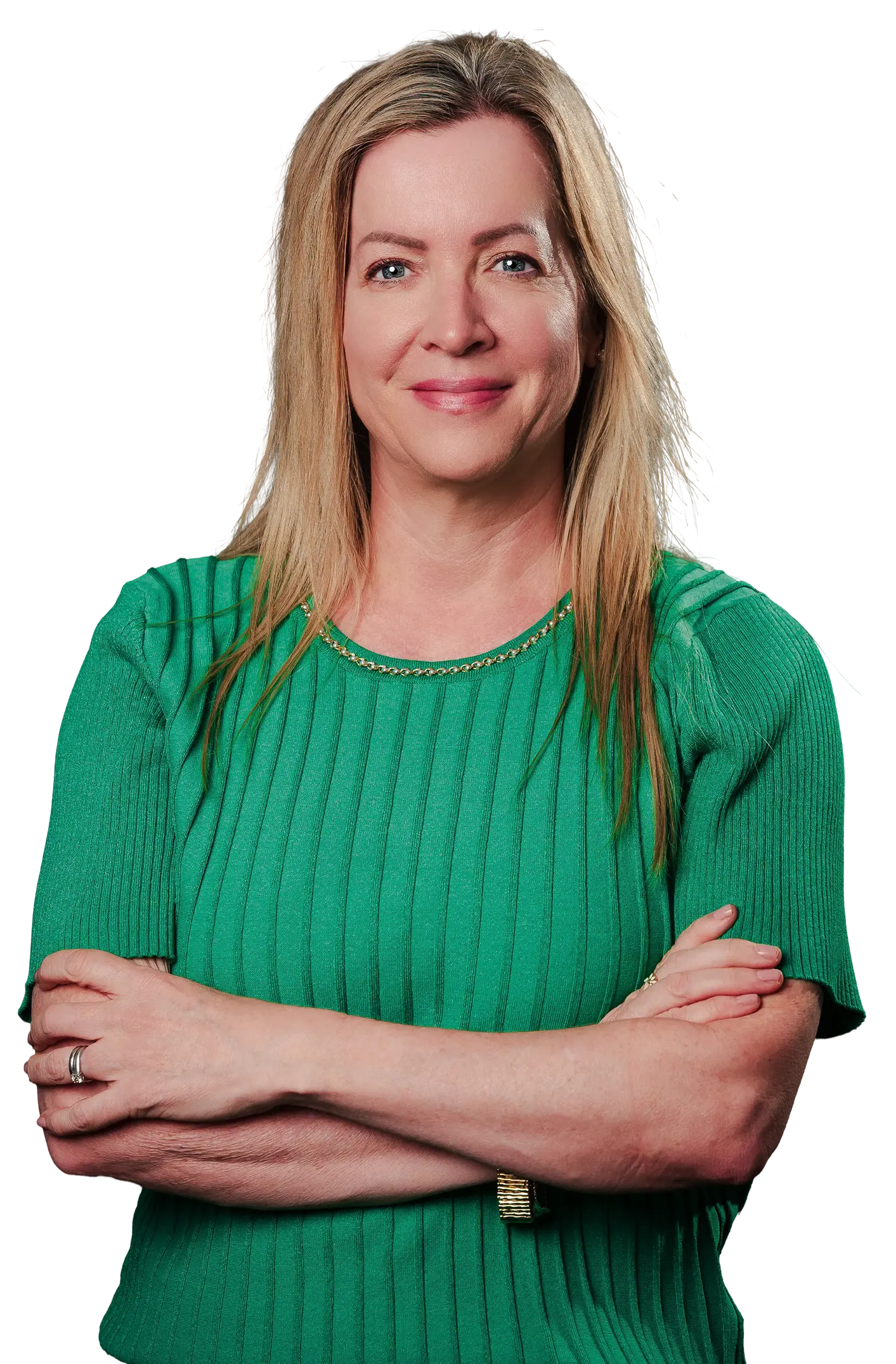 Professional woman with blonde hair wearing a black blazer and white blouse against a black background.