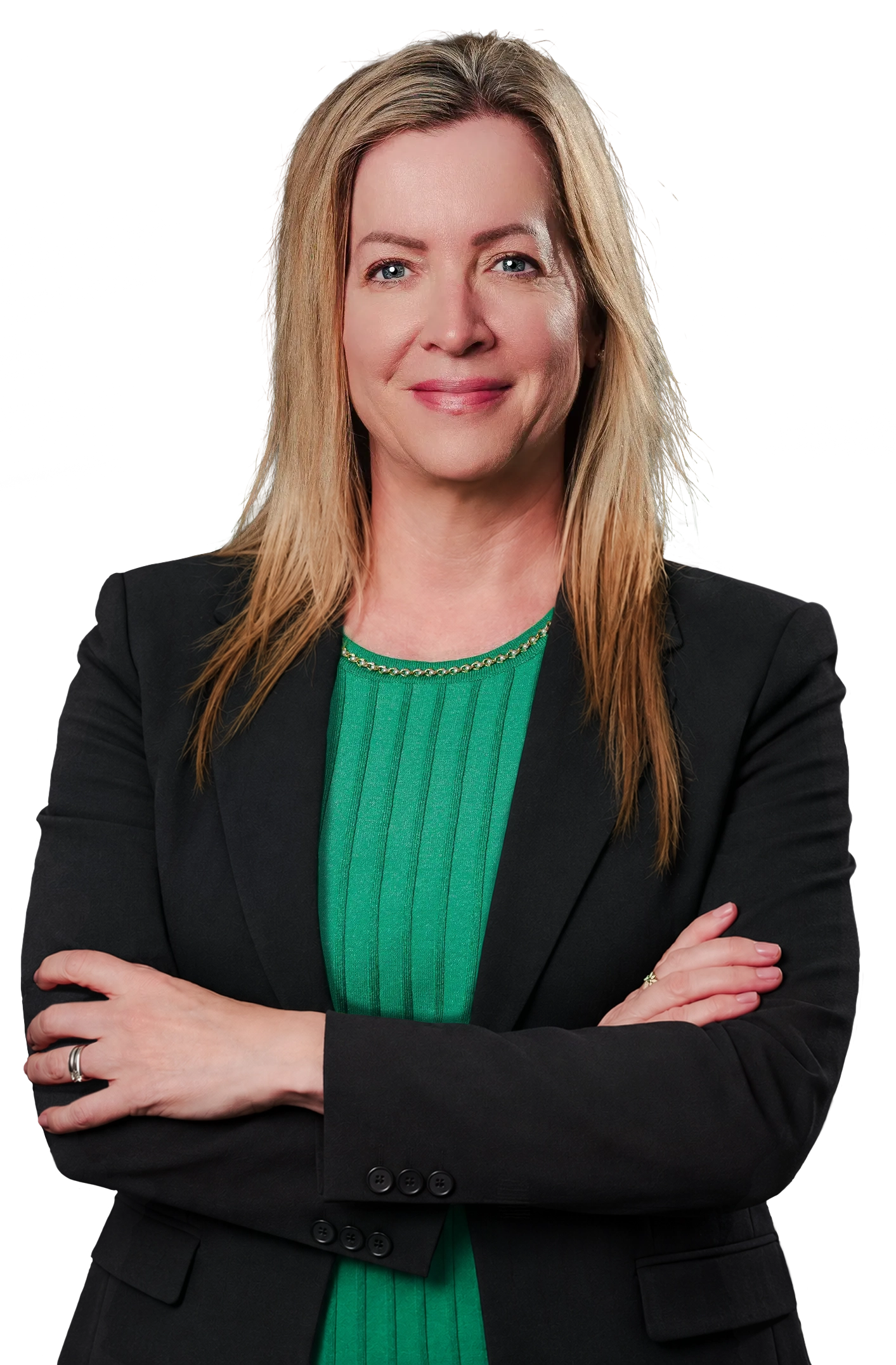 Professional woman with blonde hair wearing a black blazer and white blouse against a black background.