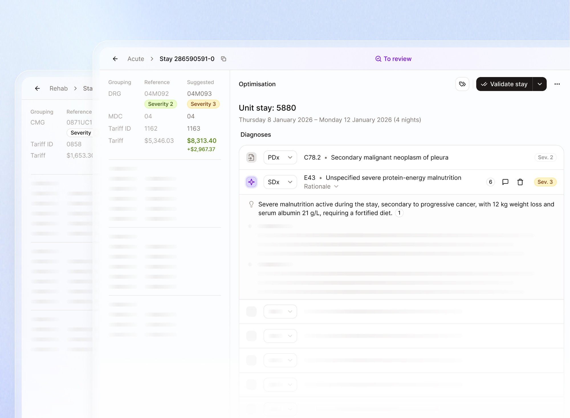 Parallel stay review screen comparing reference and suggested grouping with diagnoses