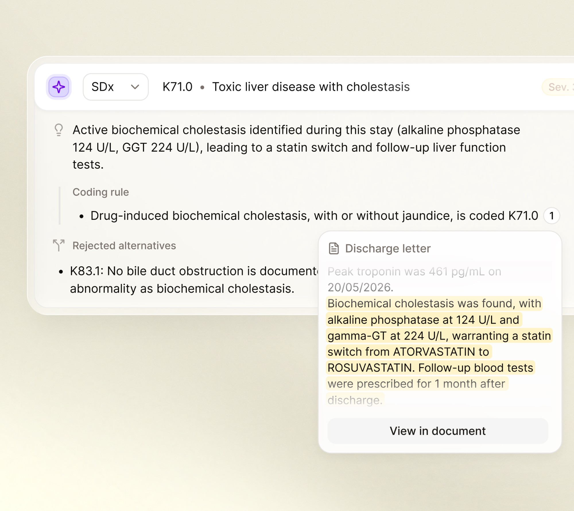 Suggested code with rationale, coding rule and highlighted source quote from the discharge letter