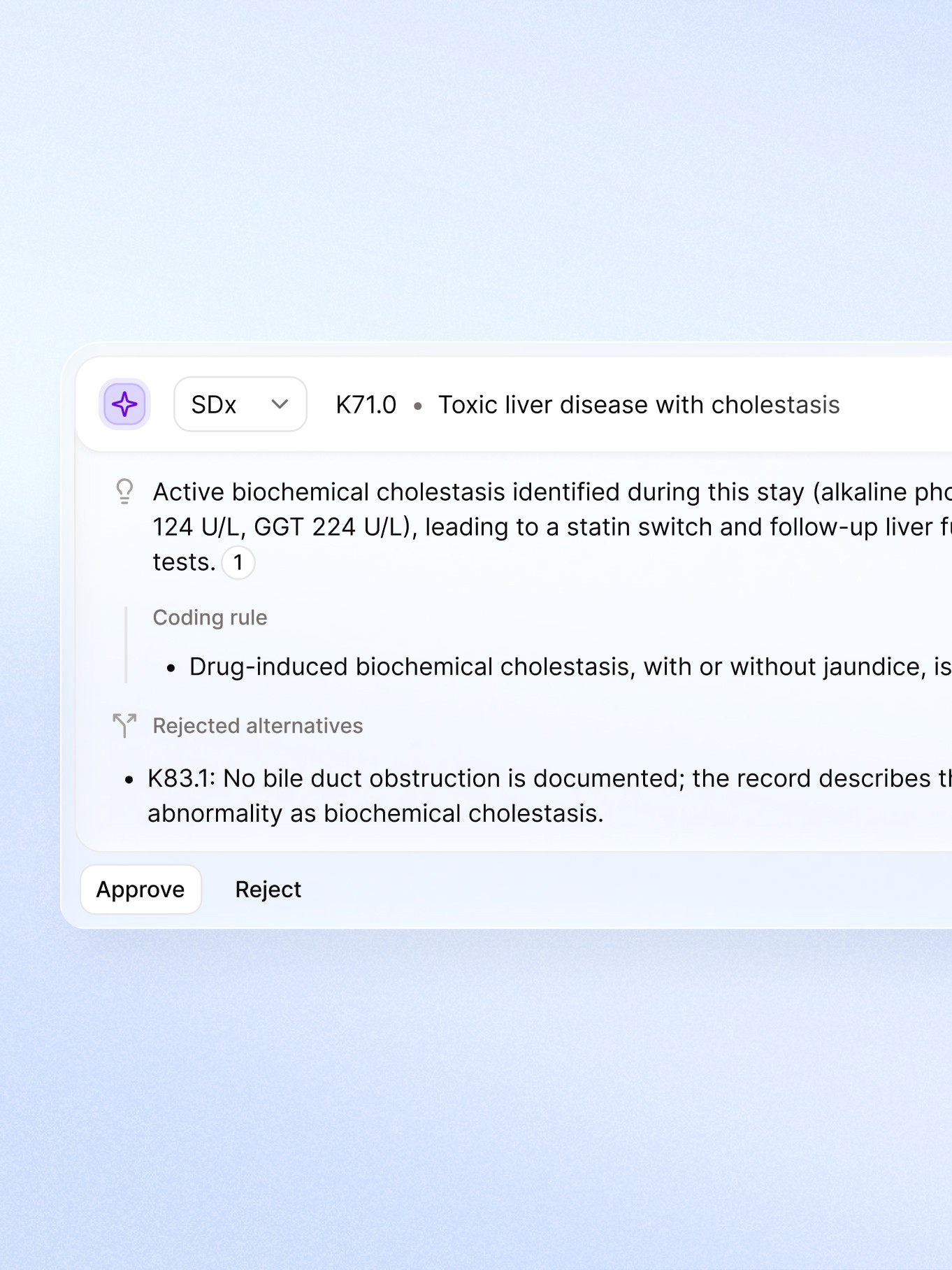 Parallel AI suggestion for a secondary diagnosis with rationale, coding rule and approve or reject actions