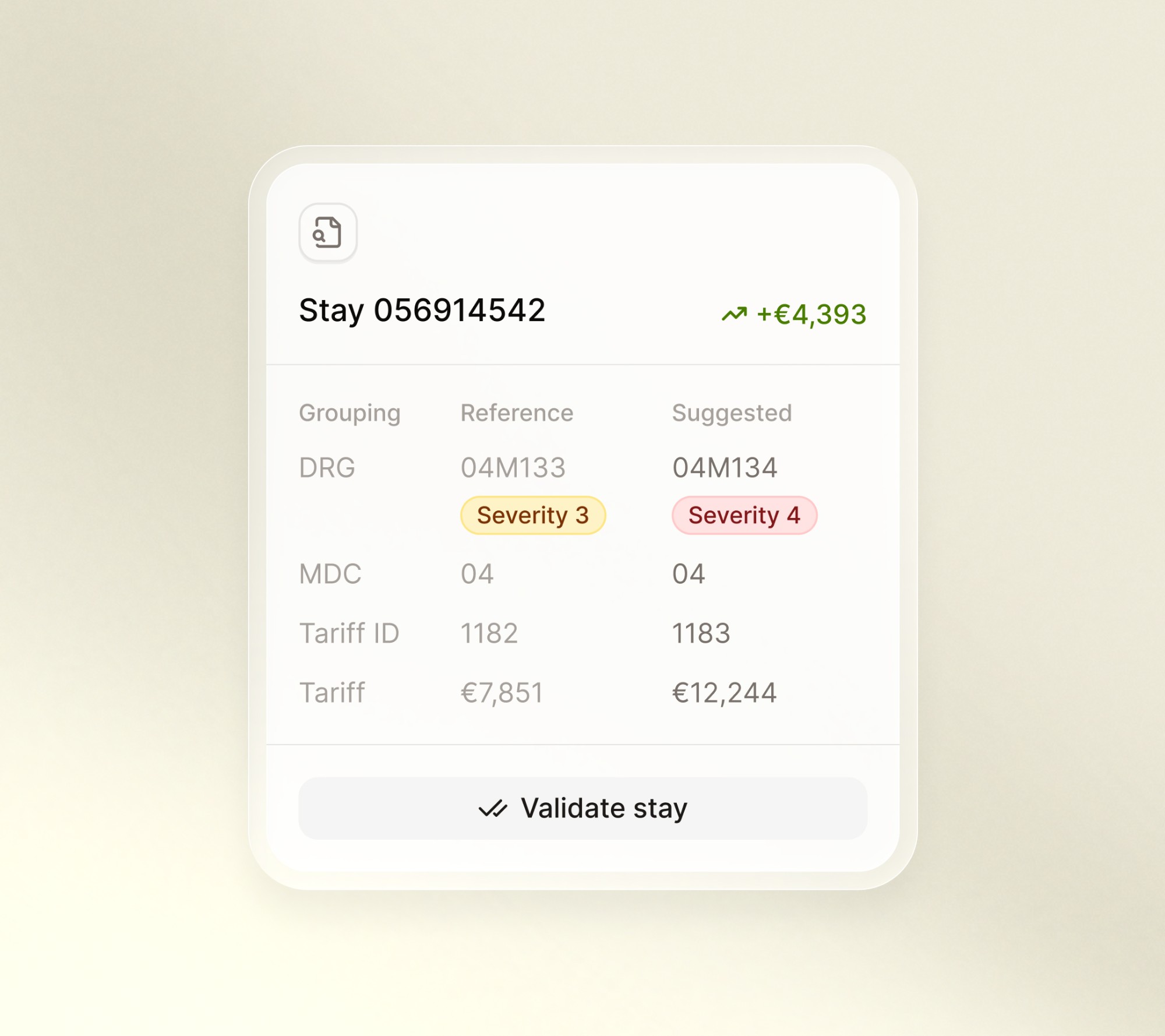 Stay summary comparing reference and suggested DRG with a +€4,393 revenue uplift