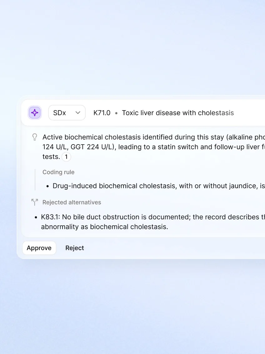 Parallel AI suggestion for a secondary diagnosis with rationale, coding rule and approve or reject actions
