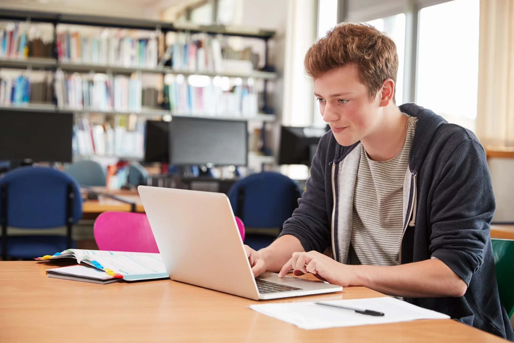 A boy studying on a computer