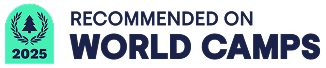 Emblem with a tree and laurel wreath labeled 2025, next to text reading Recommended on World Camps.