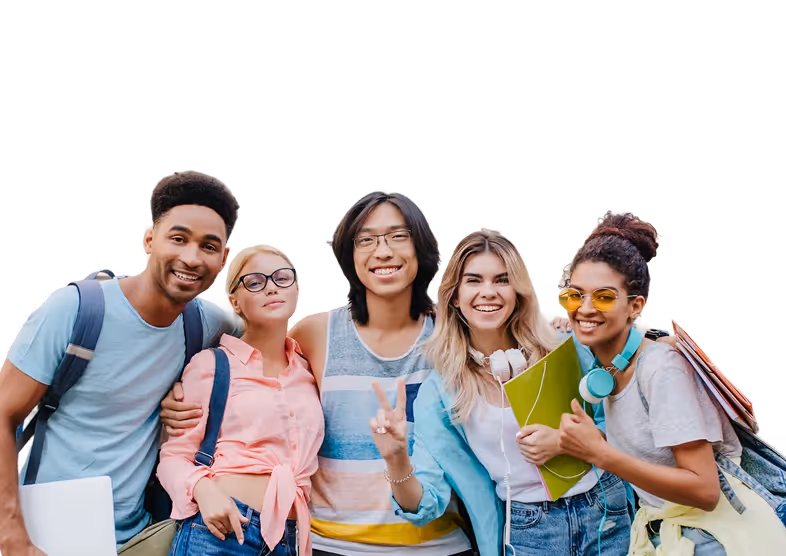 Group of five diverse happy students smiling with backpacks and books, one making a peace sign.