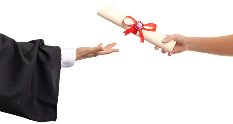 Hand in graduation gown reaching to receive a diploma scroll tied with a red ribbon from another hand.