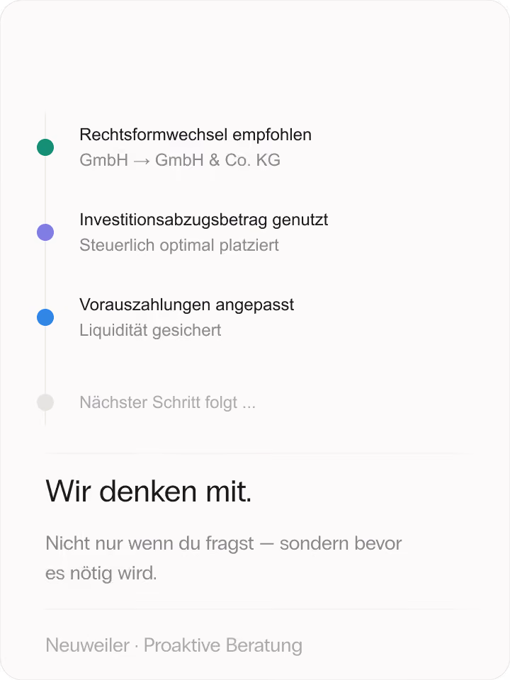 Liste mit Schritten: Rechtsformwechsel, Investitionsabzugsbetrag genutzt, Vorauszahlungen angepasst, mit Text Wir denken mit.