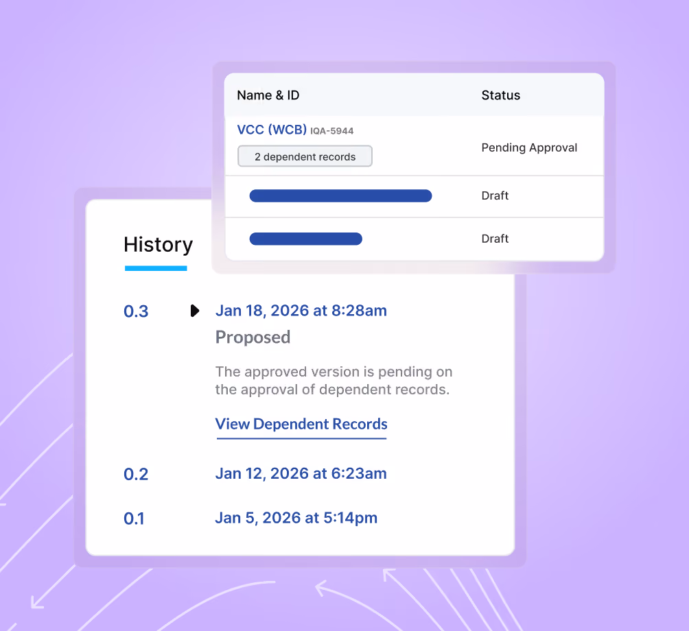 QbDVision Digital Process Management, showing version history and draft status