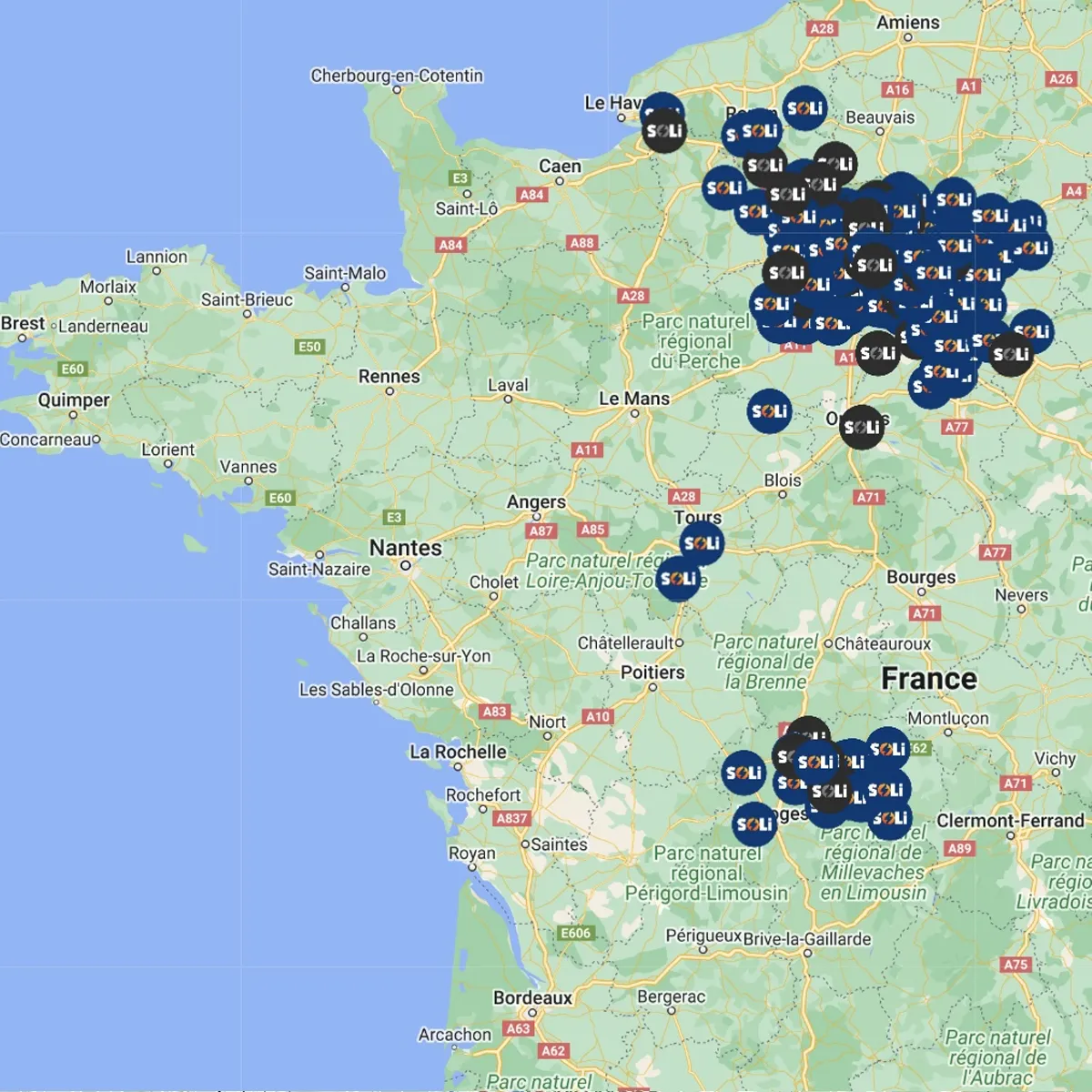 Carte de la France avec les dernières installations réalisées par Soli (en Île-de-France et dans le Limousin)